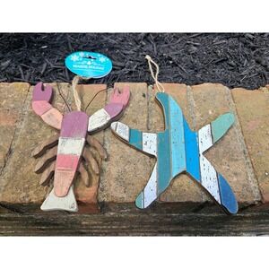 Nantucket Distributing Lot of 2 Wooden Ornaments, Lobster & Starfish